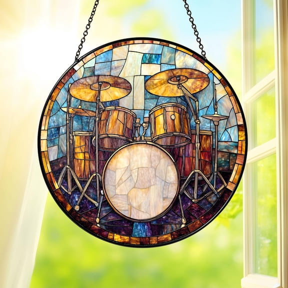 Drum Set Stained Glass Suncatcher Round Window Hanging Home Decor Music Lover Drummer Gift