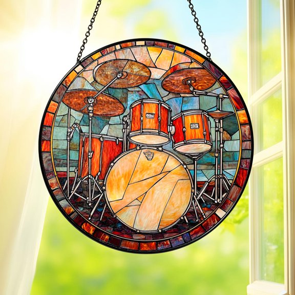 Drum Set Stained Glass Suncatcher Window Hanging Music Lover Drummer Gift Home Decor