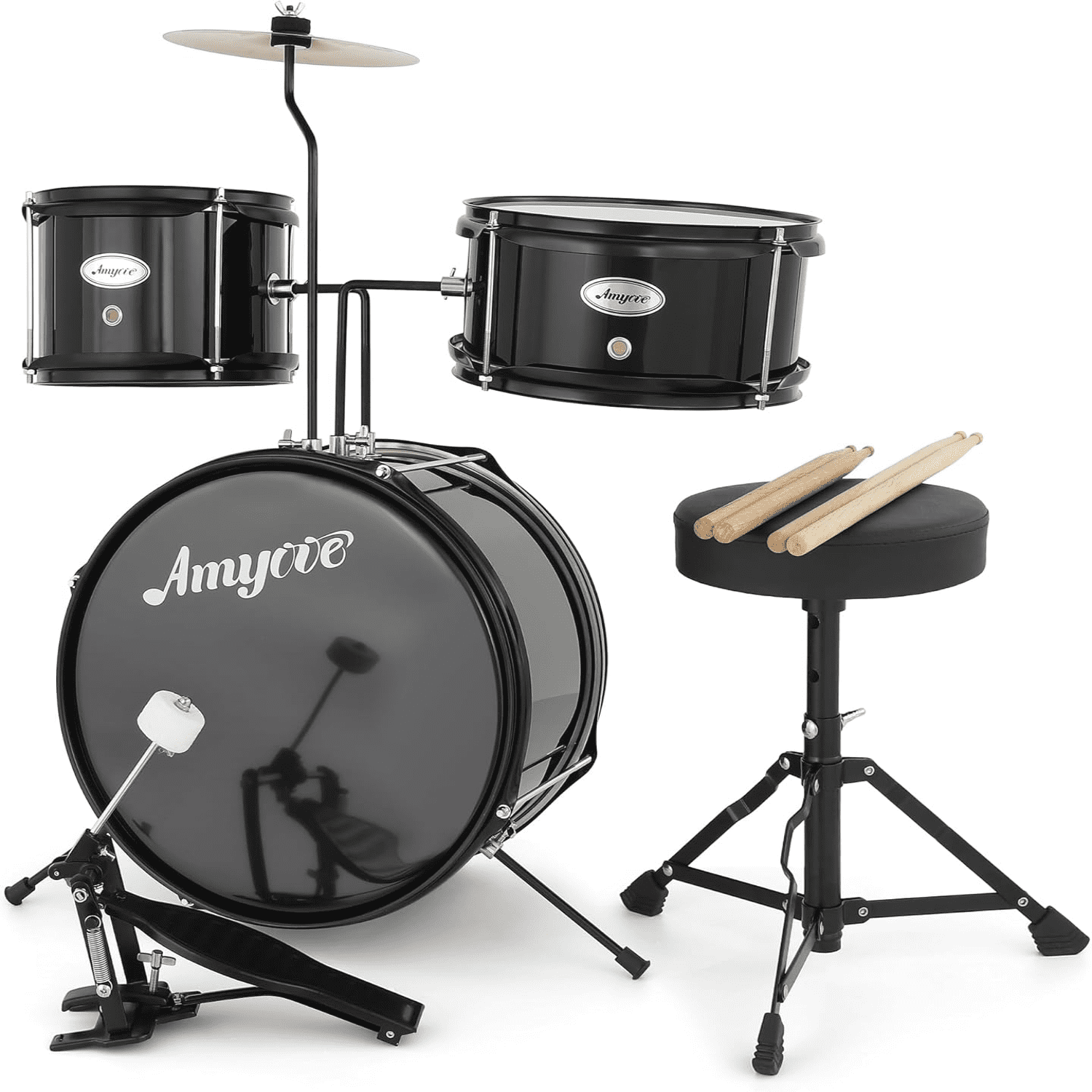 Drum Set for Kids Beginner Set with Bass, 2 Toms, Cymbal, Sticks, Bass Pedal and Stool Percussion Musical Instrument Birthday Playsetl