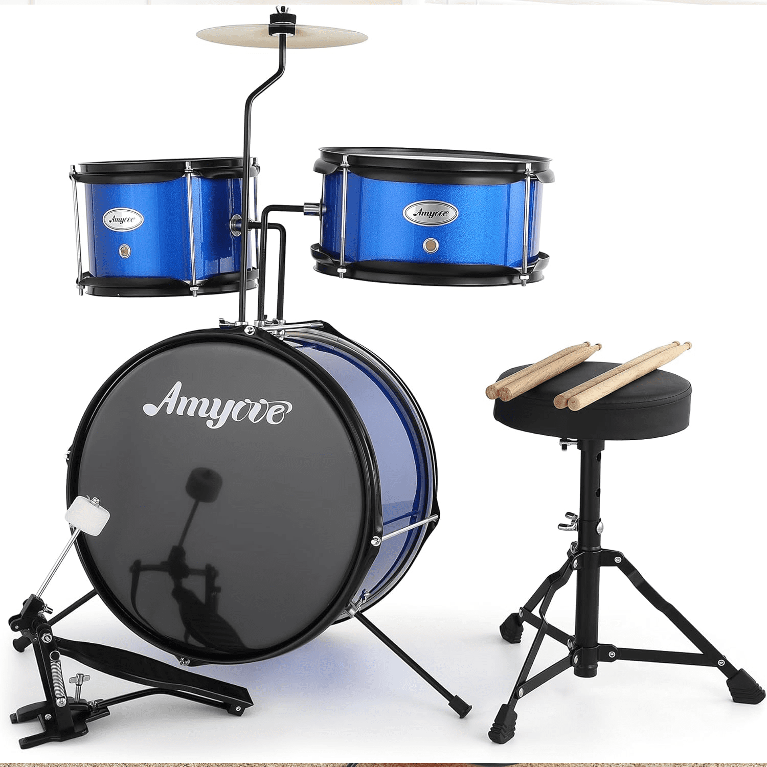 Drum Set for Kids Beginner Set with Bass, 2 Toms, Cymbal, Sticks, Bass Pedal and Stool Percussion Musical Instrument Birthday Playsetl