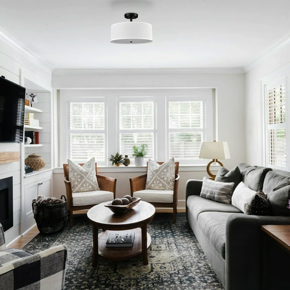 Drum Shade Semi Flush Mount Ceiling Light Black LED Ceiling Light Fixture