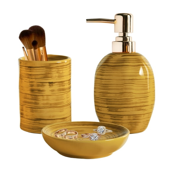 Drum Shape Ceramic Bathroom Accessory Set, 3pcs - Toothbrush Holder, Lotion Dispenser, and Soap Dish