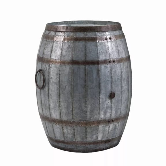 Barrel Drum Shape Storage Table with Removable Lid- Rustic Brown and Gray Metal