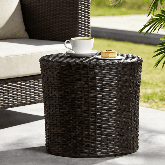 Drum Shaped Outdoor Side Table All-Weather Cylindrical PE Rattan Patio End Table Round Wicker Accent Table for Porch, Balcony, Backyard, Poolside, Outdoor Furniture (Drum Table)