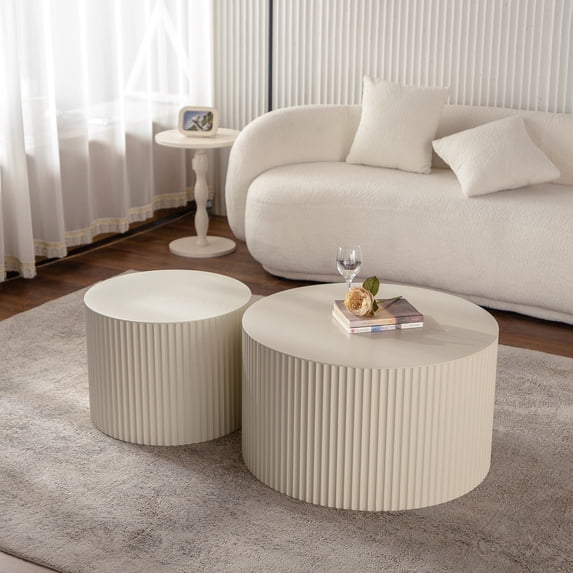 Drum Side Table End Table Set | Ideal for Primary Living Areas | MDF with Wave Stripe Design | No Assembly Needed & Space-Saving