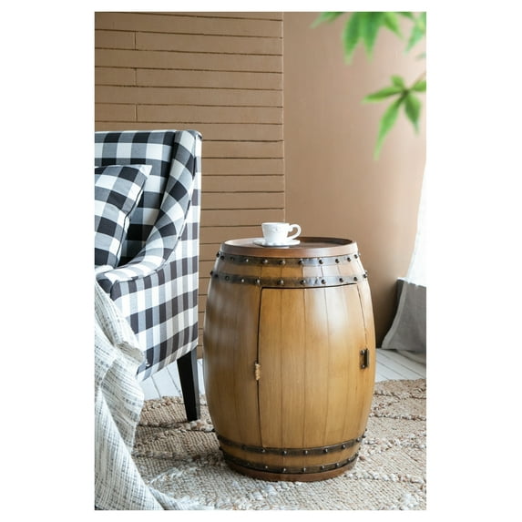 Drum Side Table with Wine Rack, 20.5" Rustic Accent Table - Industrial Farmhouse Living Room End Table with Storage, Wood & Iron Band Design