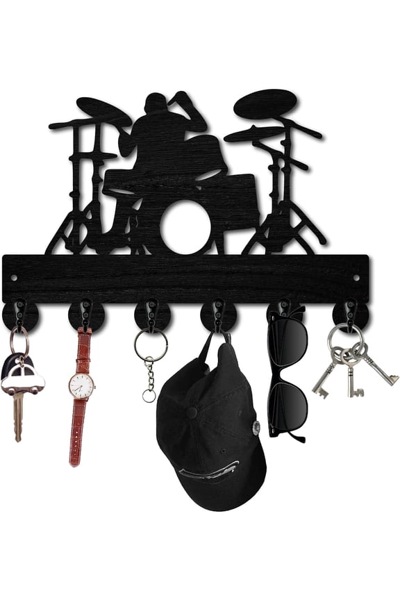 Drum Stand Key Holder for Wall Mounted Key Hook Wooden Key Hanger Holder Black Key Hanging Organizer Rack Wall Decorative with 6 Hooks for Entryway Front Door Hallway Office 12x7.5Inch