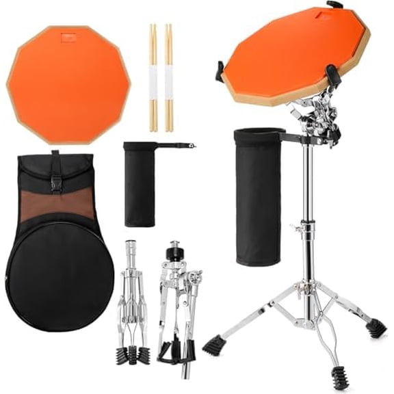 Drum Stand with Practice Pad Set - 12" Double Side Silent Drum Pad with Drumsticks, Drumstick Holder and Carry Case, Fits 10''-14'' Drum & Pad, Drum Practice Pad Kit for Adults, Beginners$$Music