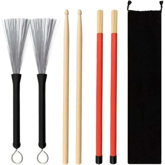 Drum Sticks Set - Maple Wood Drum Sticks 1 Pair Drum Wire Brushes Retractable Drum Stick Brush and 1 Pair Rods Drum Sticks