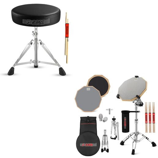 Drum Throne Adjustable Guitar Stool Padded Seat + Drum Practice Pad Snare Drumming Stand - DS CH BLK + DPAD COMBO Grey