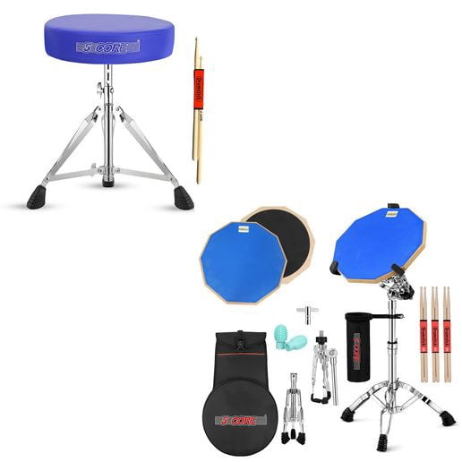 Drum Throne Adjustable Guitar Stool Padded Seat + Drum Practice Pad Snare Drumming Stand - DS CH ORG + DPAD COMBO Blue