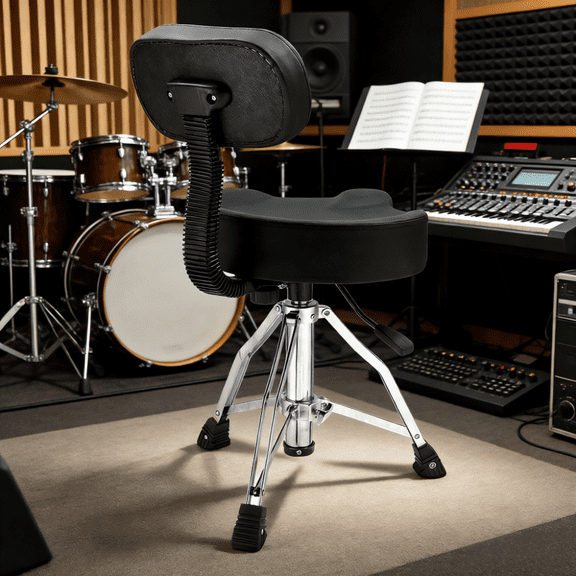 Drum Throne with Backrest Heavy Duty Hydraulic Drum Stool Adjustable Height 440lb Capacity Saddle Seat Thick Cushion 360 Degree Swivel Drummers Stool for Home Studio Practice Live Performance Drum