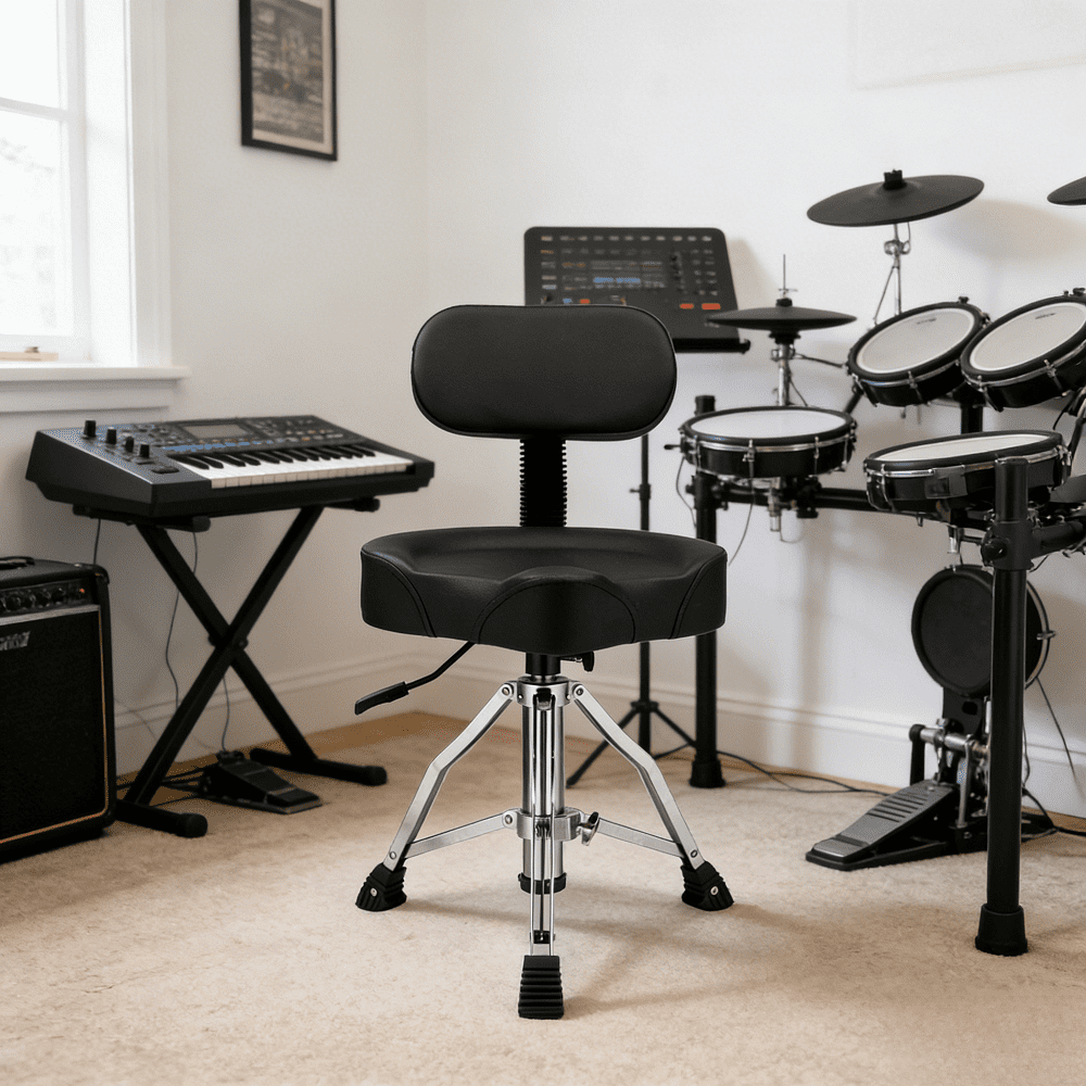 Drum Throne Backrest Hydraulic Height 18.5in-28.7in 440Lbs Capacity Seat Wide 360 Rotation Saddle Design Black Heavy Duty Studio Concert Home Practice Stool Thick Pad 17x15in Seat Adjustable Prof