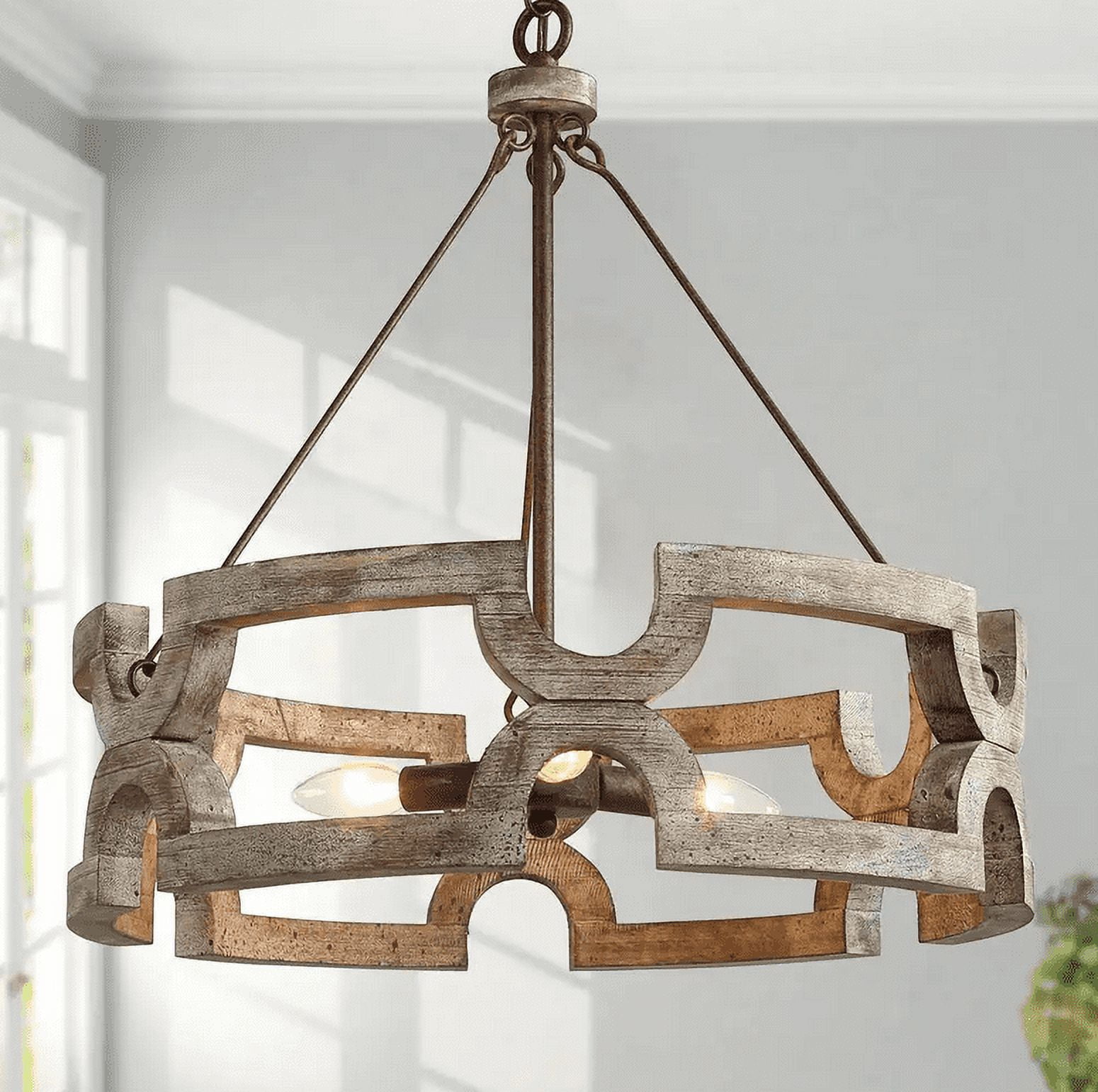 Modern Farmhouse Solid Wood Drum Island Chandelier 3-Light Rustic Brown Pendant Light for Dining ...