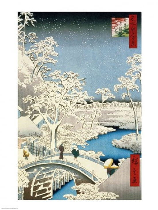 Drum bridge and Setting Sun Hill at Meguro Canvas Art - Utagawa Hiroshige (18 x 24)