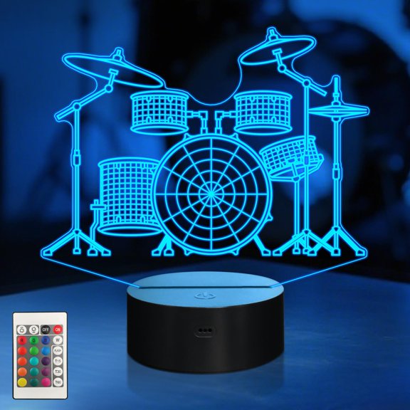 Drum kit Night Light, 3D LED Optical Illusion Lamp with 16 Colors and Remote Controller, Gifts for Drummers Music Lovers