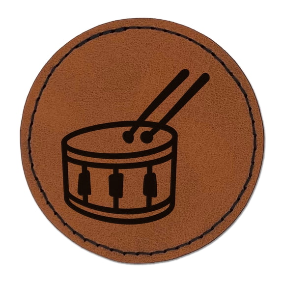 Drum with Sticks Music Instrument Doodle 2.5" Faux Leather Round Engraved Iron-On Patch - Brown