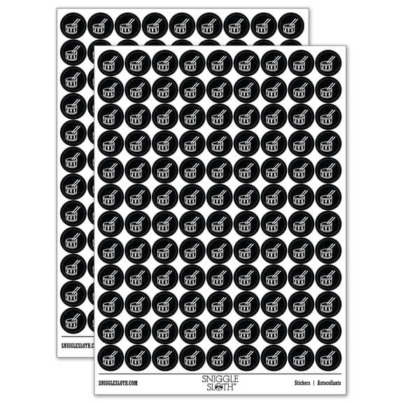Drum with Sticks Music Instrument Doodle 200+ Round Stickers - Black - Gloss Finish - 0.50" Size