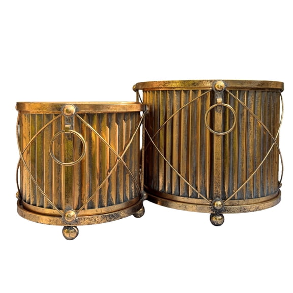 Drummer Boy Antique Gold Drum Planters, Set of 2, Ball Footed Iron Cachepots, 14.25 and 11 Inches