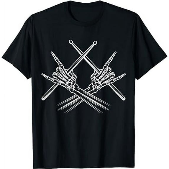 Drummer Drum Sticks Rock & Roll Skeleton Hand Horns T-Shirt