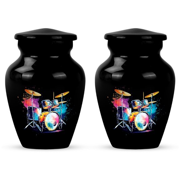 Drummer Keepsake Urns Set Of 2, Mini Musical Urns For Ashes Adult Male, Small Cremation Urn With Drum Set Tribute, Music Memorial Keepsake Containers, Artistic Rhythm Urn (Size, 3 Inch, 2 Pcs)