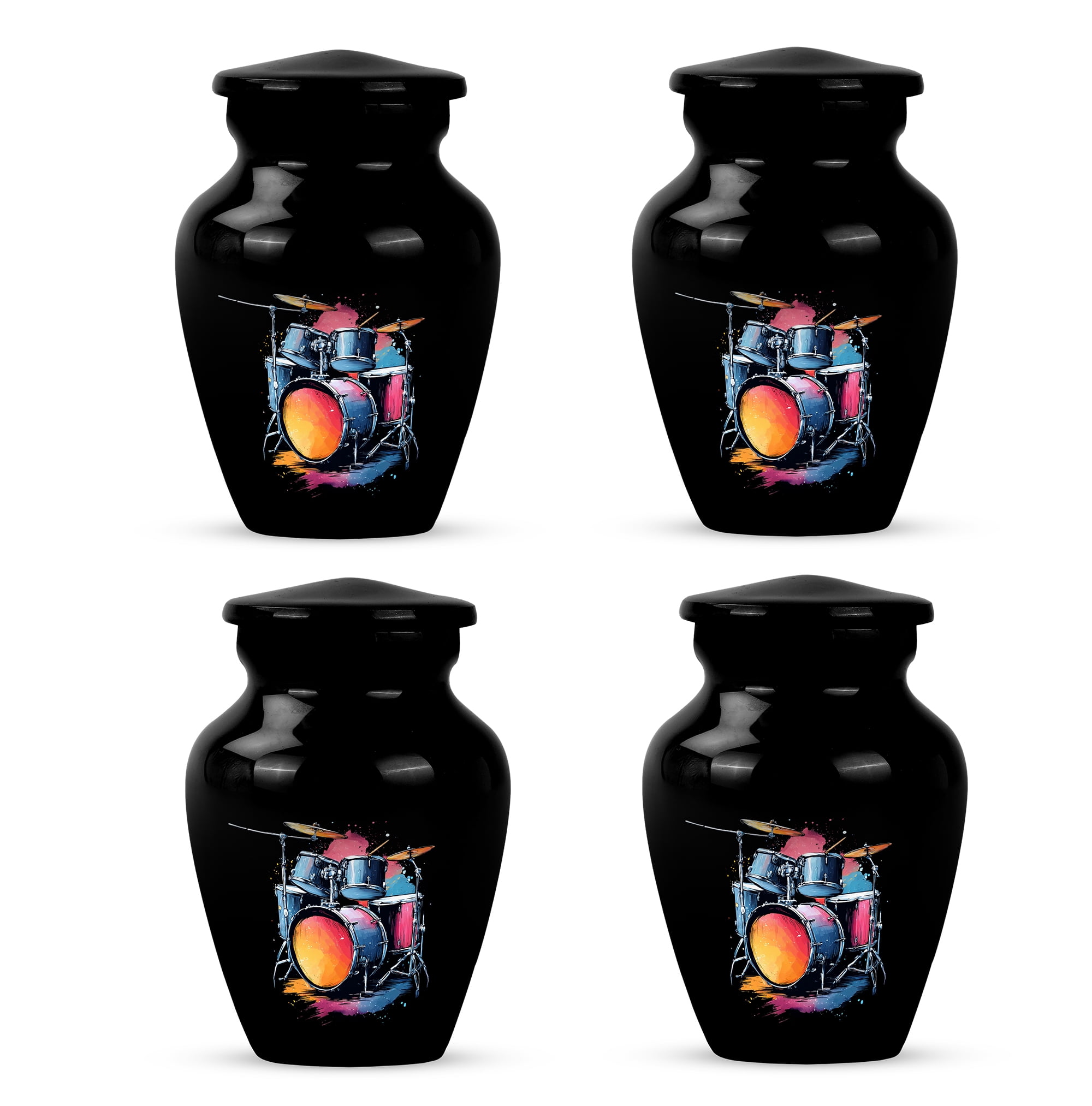 Drummer Memorial Keepsake Urns Set Of 4, Splash Colour Mini Urn For Ashes Adult Male, Black Musical Tribute Cremation Urn, Colourful Drum Set Funeral Keepsake Urns (Size, 3 Inch, 4 Pcs)