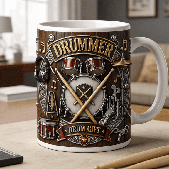 Drummer Mug 3D Effect Drum Gift for Musicians, Band Players & Percussion Lovers