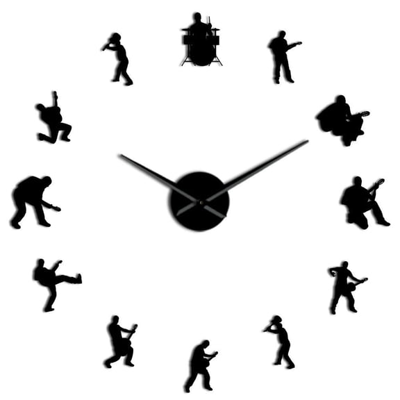 Drummer Music Rock Band DIY Giant Wall Clocks Guitar Player Silhouette Decorative Large Wall Clock Guitarist Fremeless Wall Watch(Black,37inch)