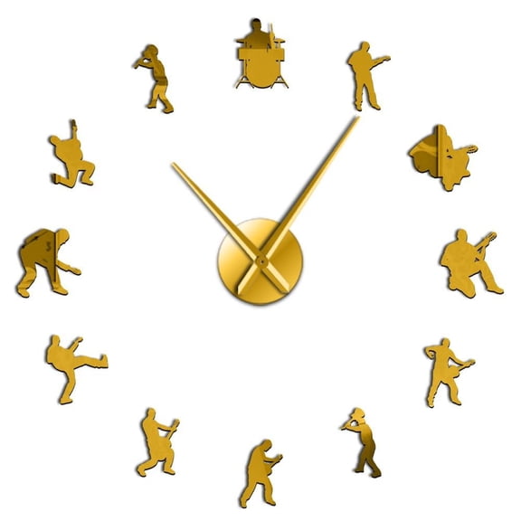 Drummer Music Rock Band DIY Giant Wall Clocks Guitar Player Silhouette Decorative Large Wall Clock Guitarist Fremeless Wall Watch(Gold,27inch)