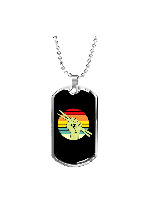 Drummer Necklace Vintage Drummer Drum Sticks Dog Tag Necklace Stainless Steel 24" Chain Silver Tone or Gold Tone