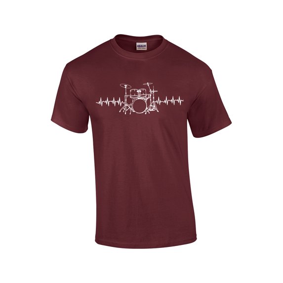Drummer Short Sleeve T-shirt Drumset with Heart Pulse-Maroon-Small