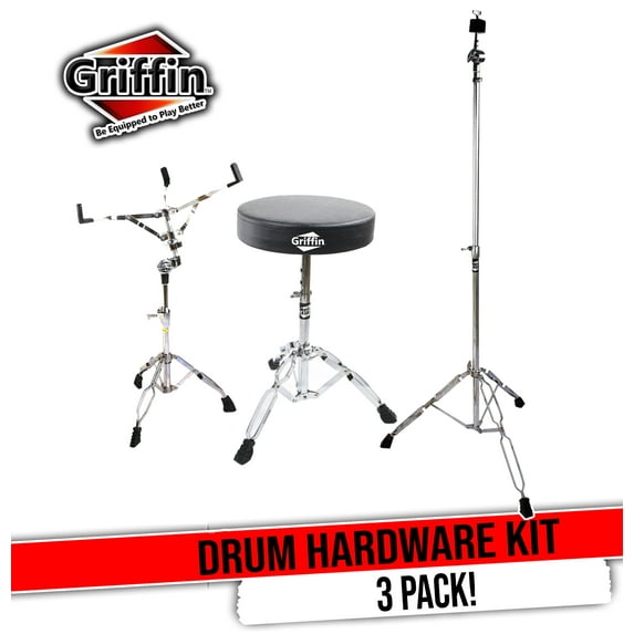 Drummer's Throne Seat, Snare Drum Stand & Straight Cymbal Stand Hardware Set (3 Piece Kit) by GRIFFIN | Comfortable Percussion Chair & Lightweight Mount for Standard Drums, Tom-Toms & Practice Pad