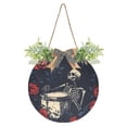 thumbnail image 1 of Drumming Skeleton and Rose Front Door Porch Decoration Hanging Sign with Artificial Green Plants and Bow for Home Outdoor Indoor, 1 of 7