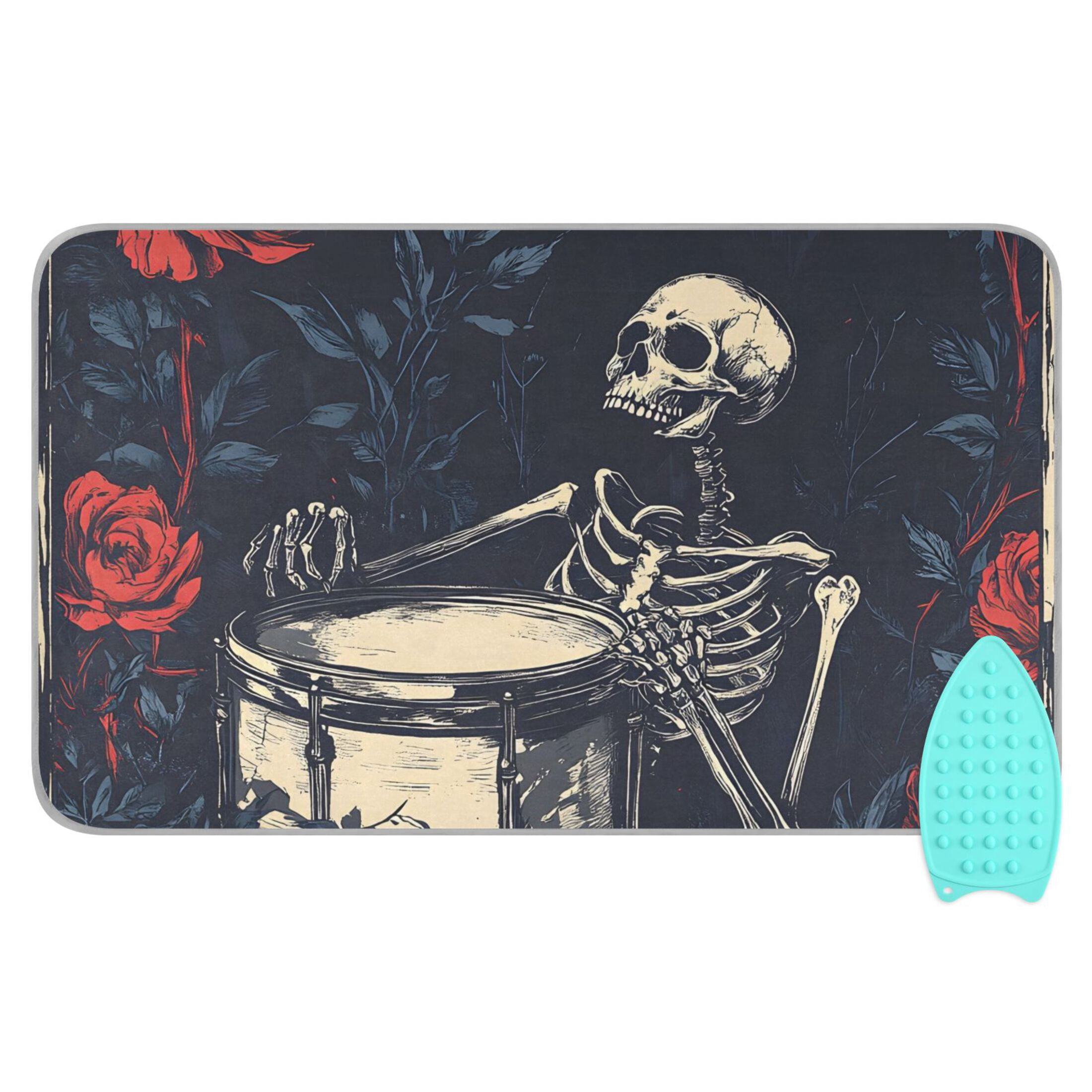 Drumming Skeleton and Rose Ironing Mat Blanket for Table Top Travel Portable Ironing Board Pad 47.2x27.6 Inch