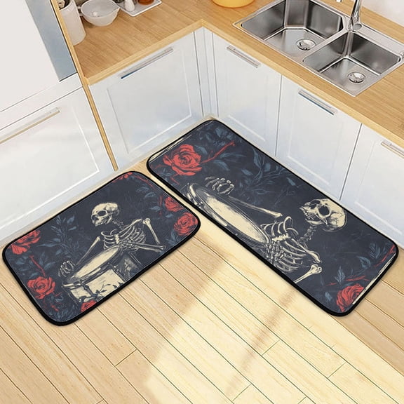 Drumming Skeleton and Rose Kitchen Mat Set of 2 Cushioned Non Slip Rugs for Bedroom Floor Runner Mats