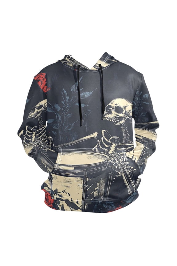 Drumming Skeleton and Rose Men’s Hoodies Sweatshirt Fleece Jackets Long Sleeve Sweatshirts