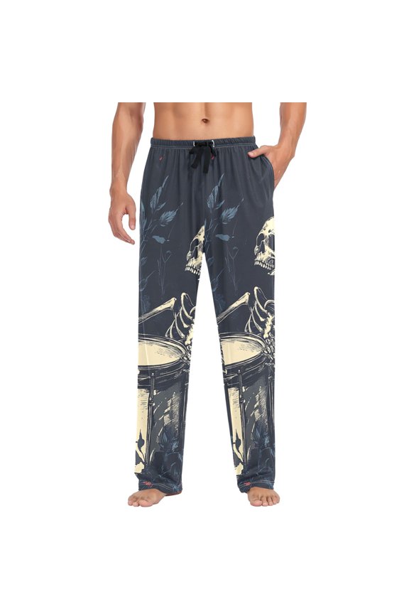 Drumming Skeleton and Rose Mens Cotton Pajama Pant Sleep and Lounge Bottons with Pockets