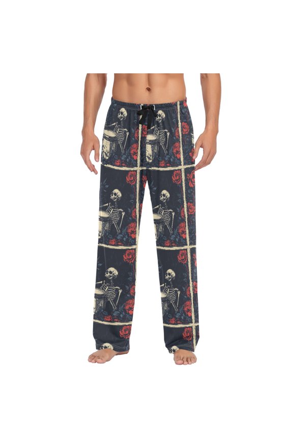 Drumming Skeleton and Rose Mens Pajama Pant Sleep and Lounge Bottons with Pockets