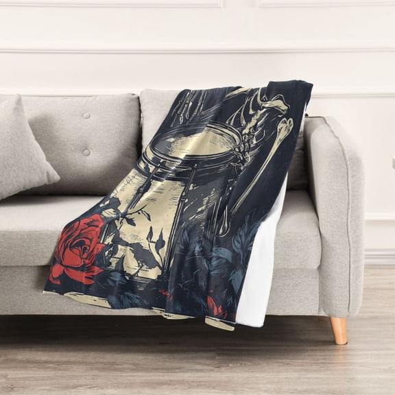 Drumming Skeleton and Rose Throw Blanket 60" x 90" Soft and Warm Blankets for Couch Sofa and Bed