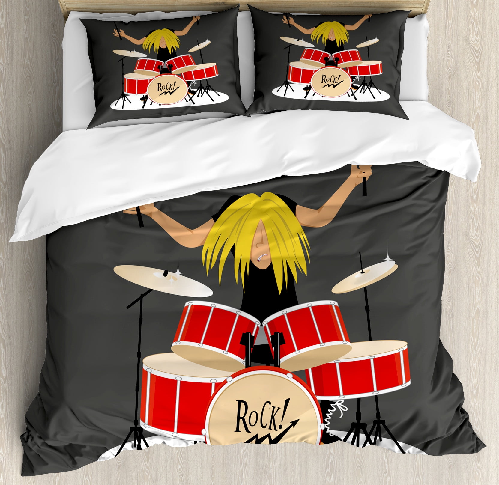 Drums Duvet Cover Set, Cool Calligraphic Layout of a Young Boy Rock and ...