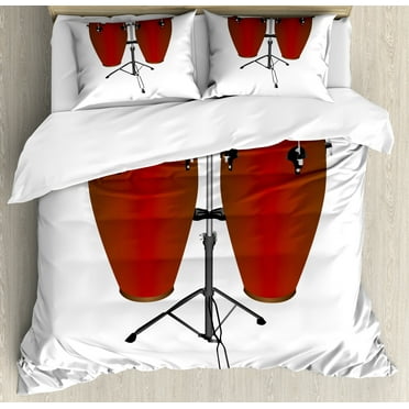 Drums Duvet Cover Set, Illustration of a Pair of Conga Drums on a Plain Background Cuba Culture Items, Decorative 3 Piece Bedding Set with 2 Pillow Shams, King Size, Ruby and White, by Ambesonne
