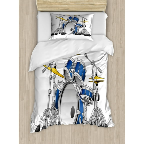 Drums Duvet Cover Set, Professional Percussion Instrument Rock Themed Musical Activities, Decorative 2 Piece Bedding Set with 1 Pillow Shams, Twin Size, Grey Blue, by Ambesonne