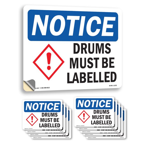 Drums Must Be Labeled OSHA Notice Vinyl Decal Label 7 Inch x 5 Inch - 10 Pack