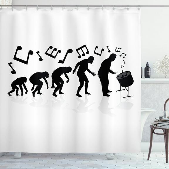 Drums Shower Curtain, Composition of Evolution of Men with Music Theme Ape Silhouettes Meaningful, Fabric Bathroom Set with Hooks, 69W X 75L Inches Long, Charcoal Grey White, by Ambesonne
