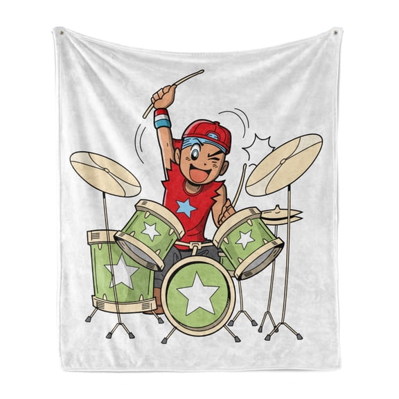 Drums Soft Flannel Fleece Blanket, Cartoon Style Anime Style Inspired Boy Drummer Rocking on Stage Urban Feels, Cozy Plush for Indoor and Outdoor Use, 70" x 90", White and Multicolor, by Ambesonne