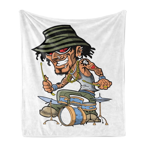 Drums Soft Flannel Fleece Blanket, Wild Rock Musician Drummer with Cool Tattoos and Dreadlocks Funky Heavy Music, Cozy Plush for Indoor and Outdoor Use, 60" x 80", White Multicolor, by Ambesonne