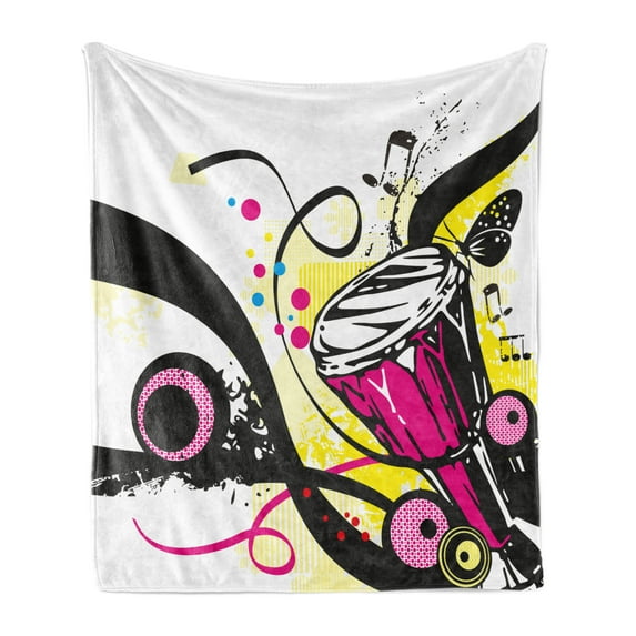 Drums Soft Flannel Fleece Throw Blanket, Retro Musical Items and Artwork of Strokes Polka Dots Butterflies, Cozy Plush for Indoor and Outdoor Use, 50" x 60", White Charcoal Grey, by Ambesonne