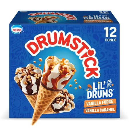 Drumstick Lil' Drums Vanilla Fudge or Caramel Swirl Sundae Cones Variety Pack, Kosher, 12 Count
