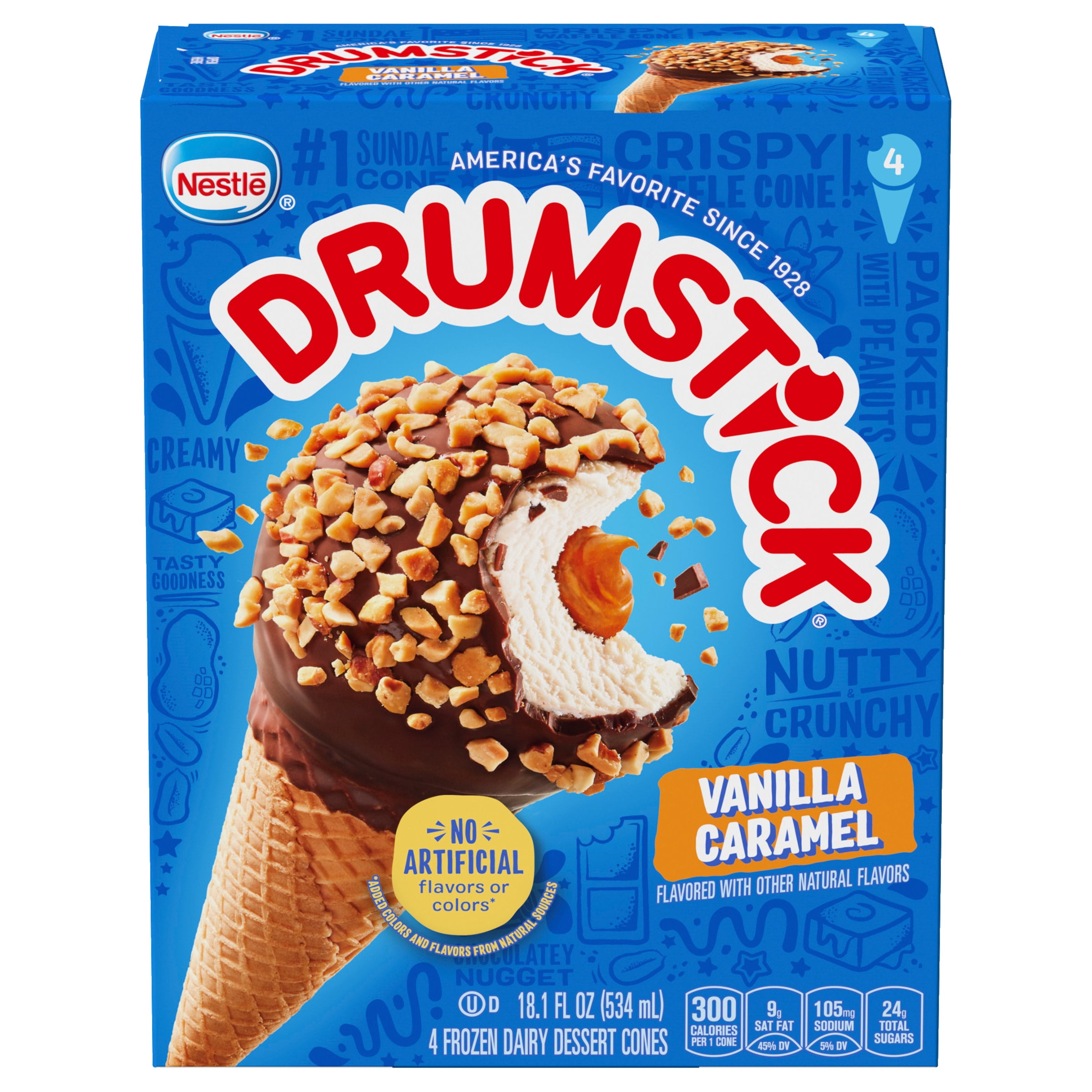 Drumstick Vanilla Caramel Sundae Cones Frozen Dessert, 4 Ct