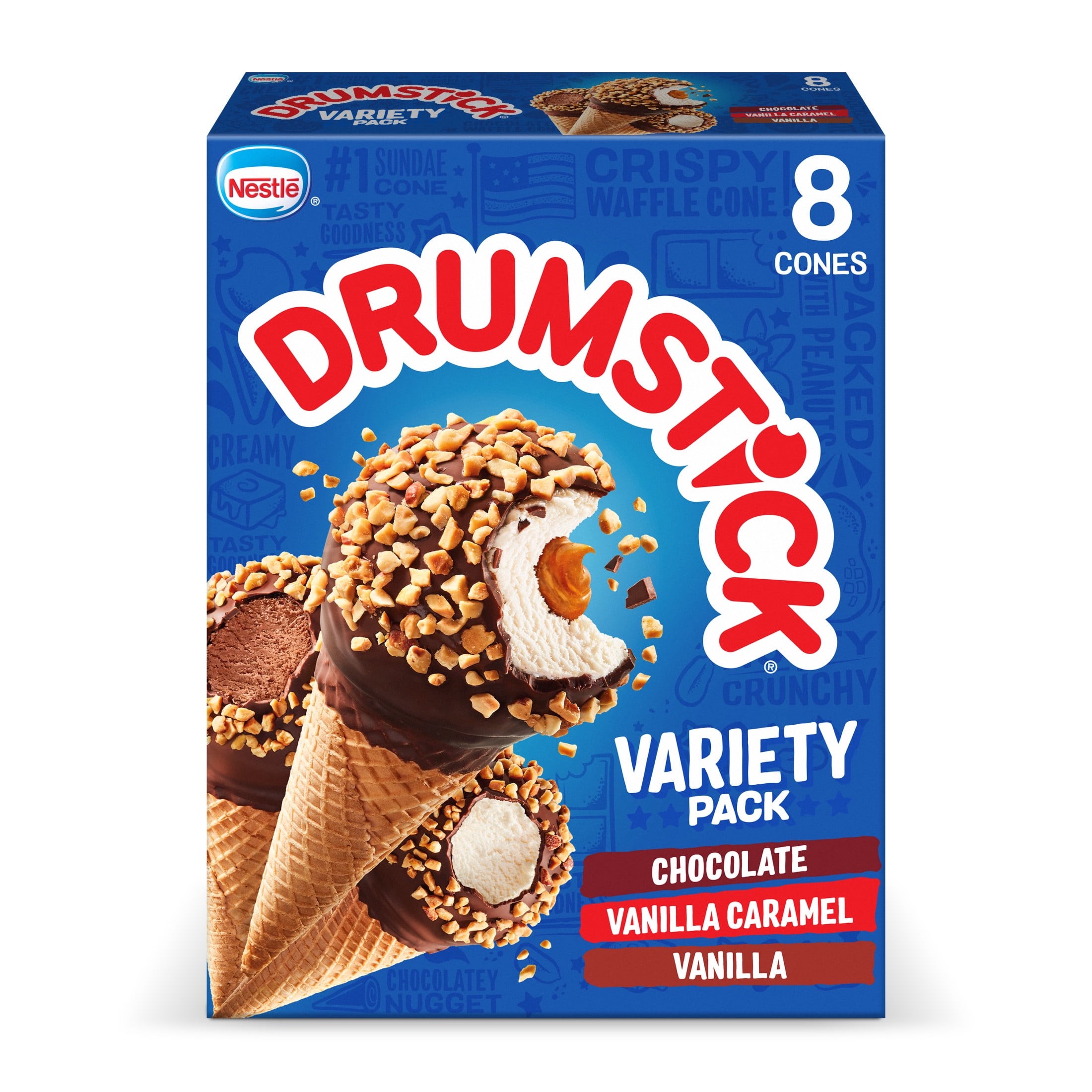 Drumstick Chocolate, Vanilla, Vanilla Caramel Cones Variety Pack, 8 Count